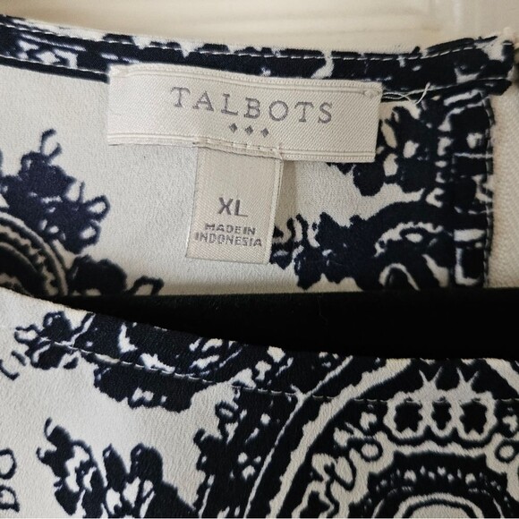 Talbots Abstract Geometric Print Navy Blue& Beige Short Sleeve Blouse Size XL - Picture 4 of 5